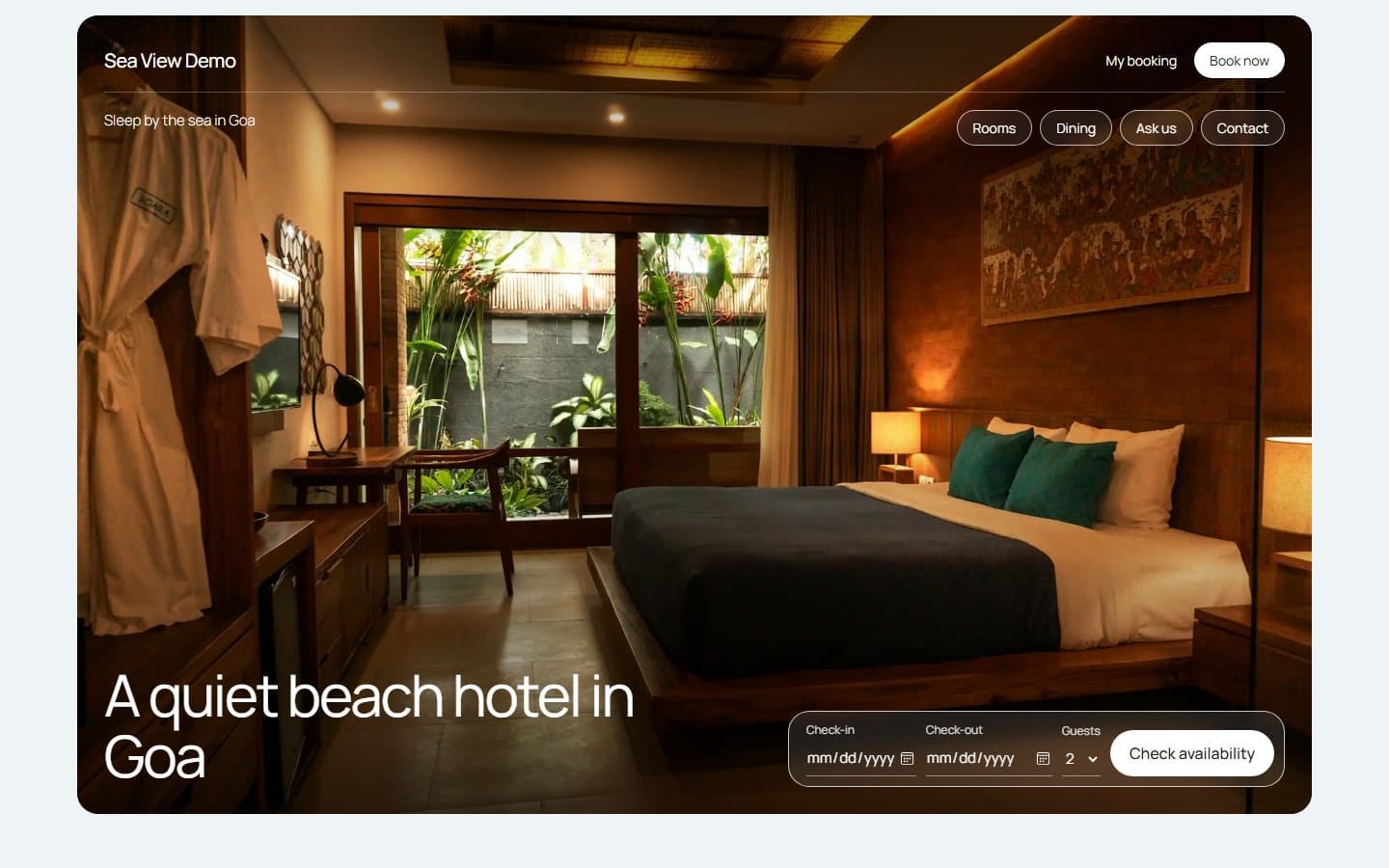 A sample hotel website made with Biharisoft Hotel, with a room photo and date search
